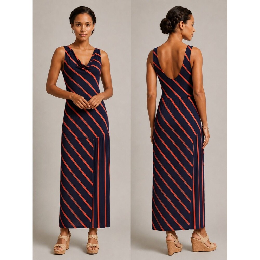 🧡💙 Fraiche by J Navy & Coral Stripe Maxi Dress | Size Small